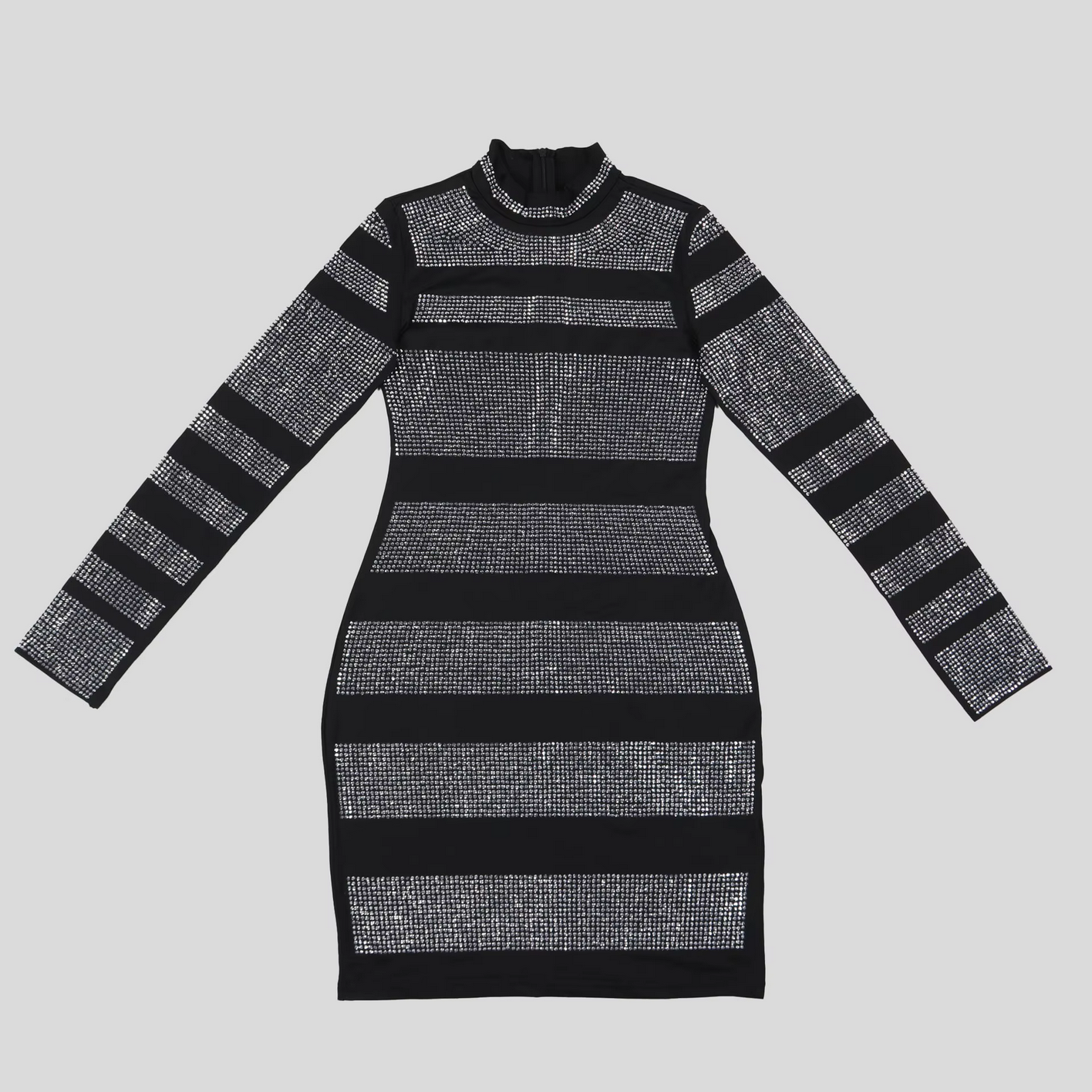 Black Fashion Rhinestone Round Neck Long Sleeve Stripe Bodycon Mini Dresses