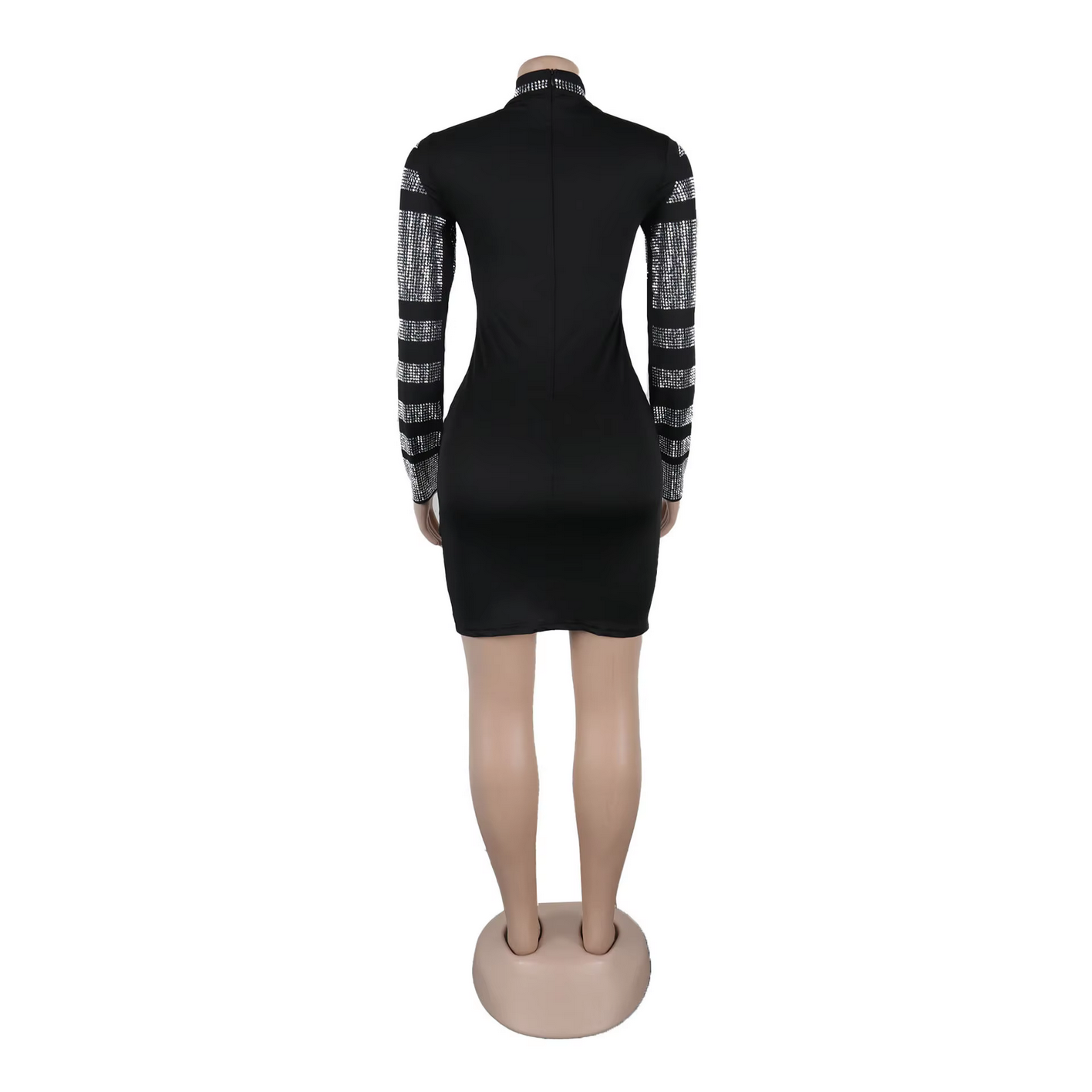 Black Fashion Rhinestone Round Neck Long Sleeve Stripe Bodycon Mini Dresses