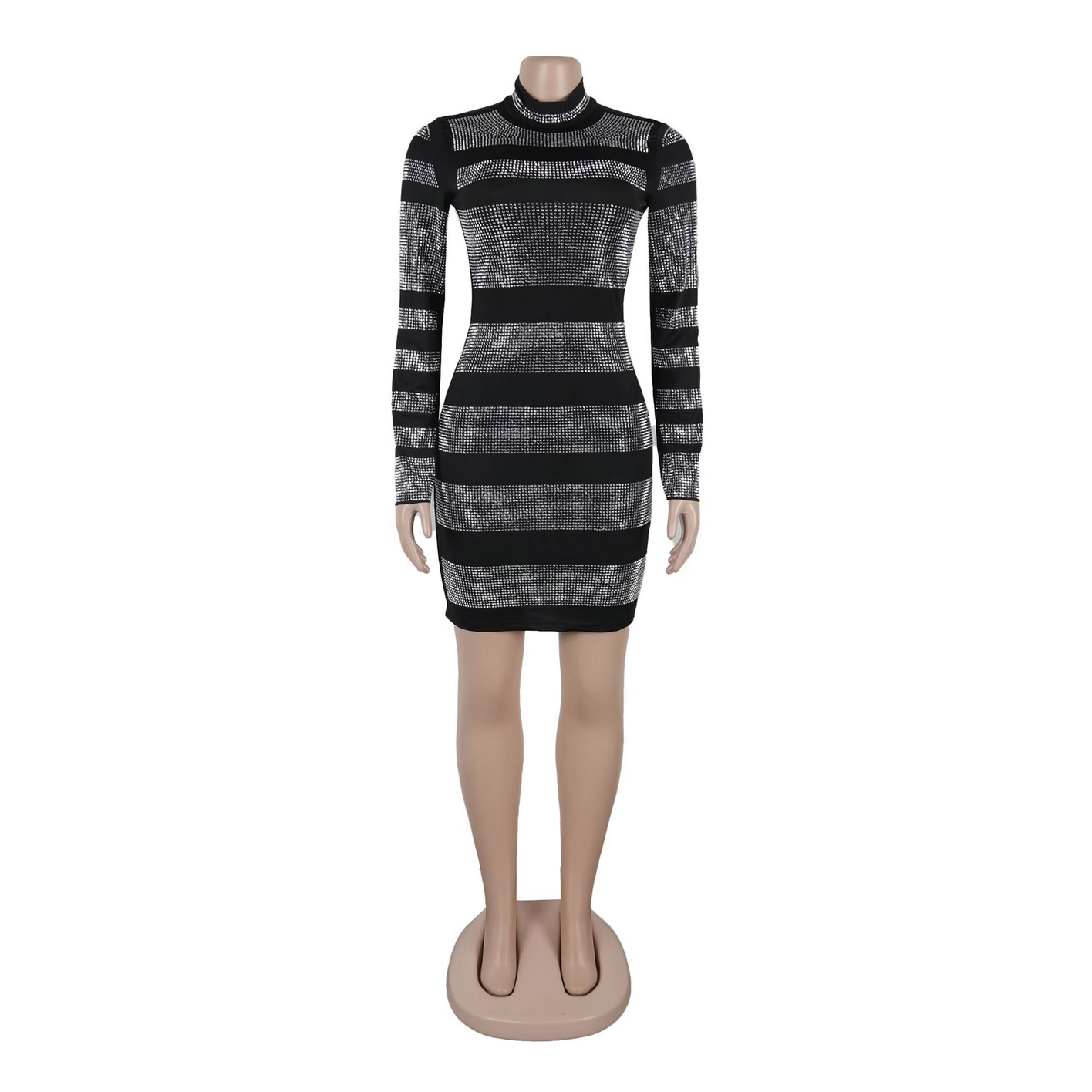 Black Fashion Rhinestone Round Neck Long Sleeve Stripe Bodycon Mini Dresses