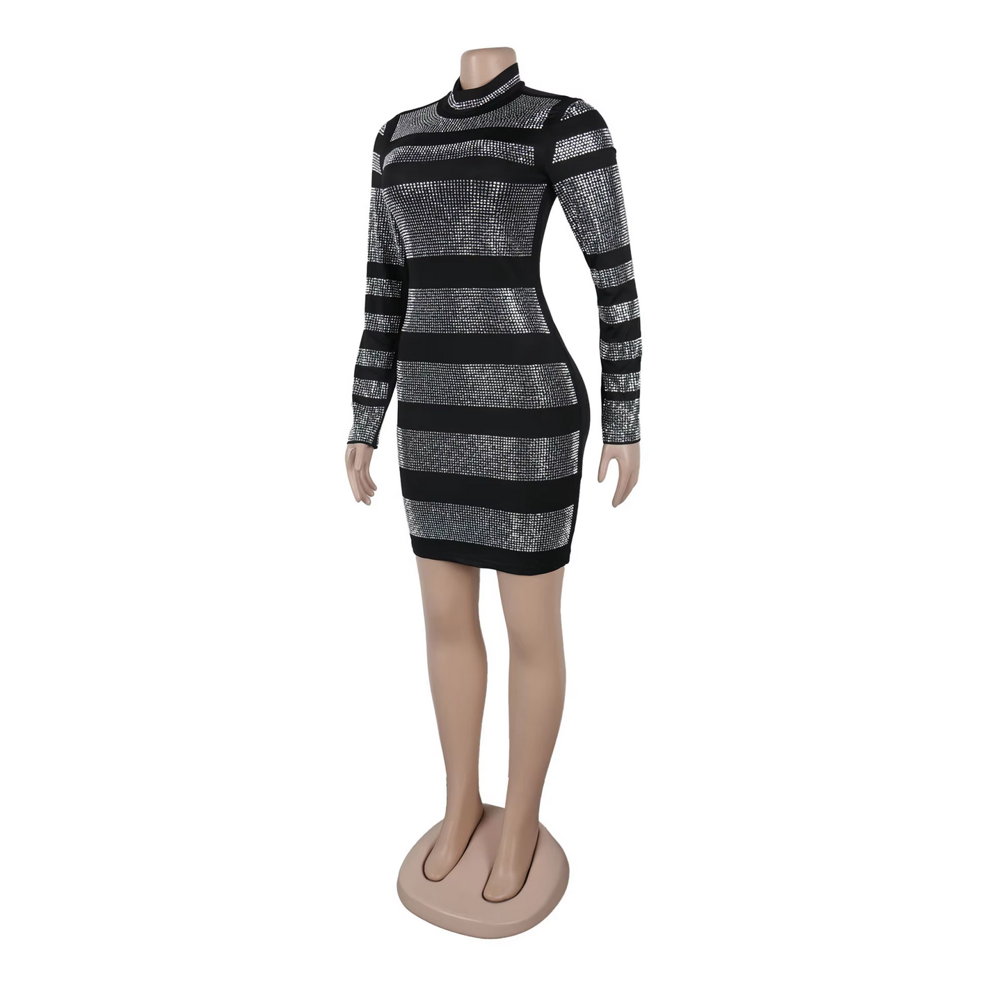 Black Fashion Rhinestone Round Neck Long Sleeve Stripe Bodycon Mini Dresses