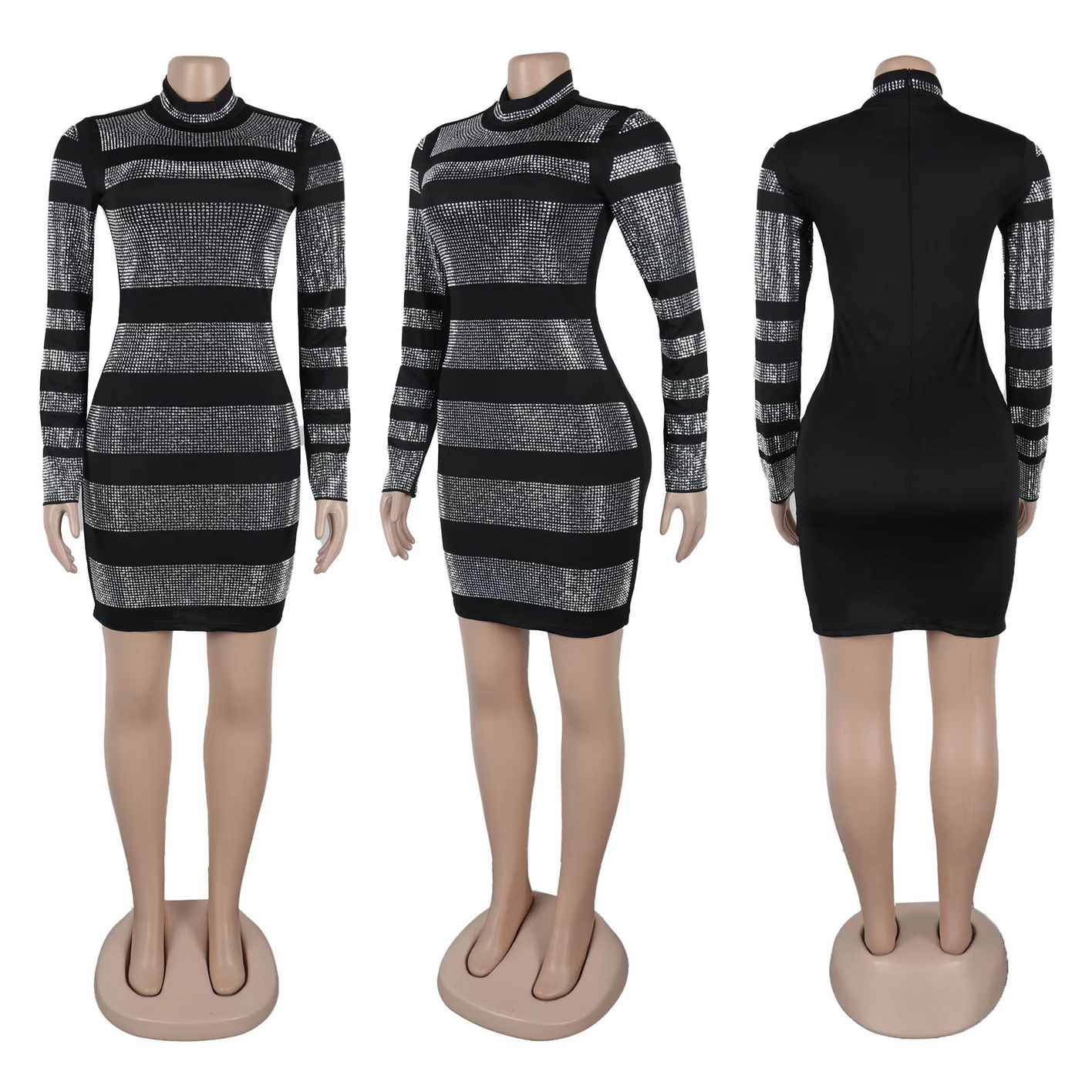 Black Fashion Rhinestone Round Neck Long Sleeve Stripe Bodycon Mini Dresses