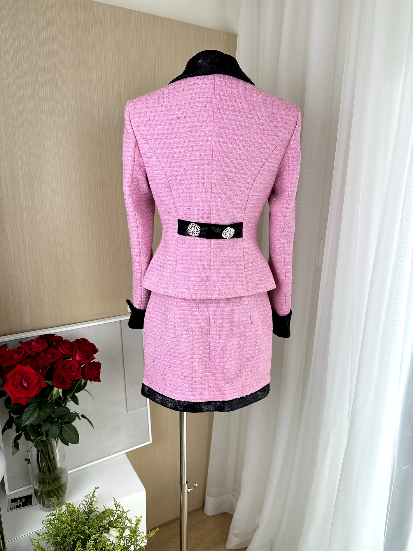 Autumn Winter  Pink Velvet Stitching Woven Diamond Button Tweed Coat+Skirt