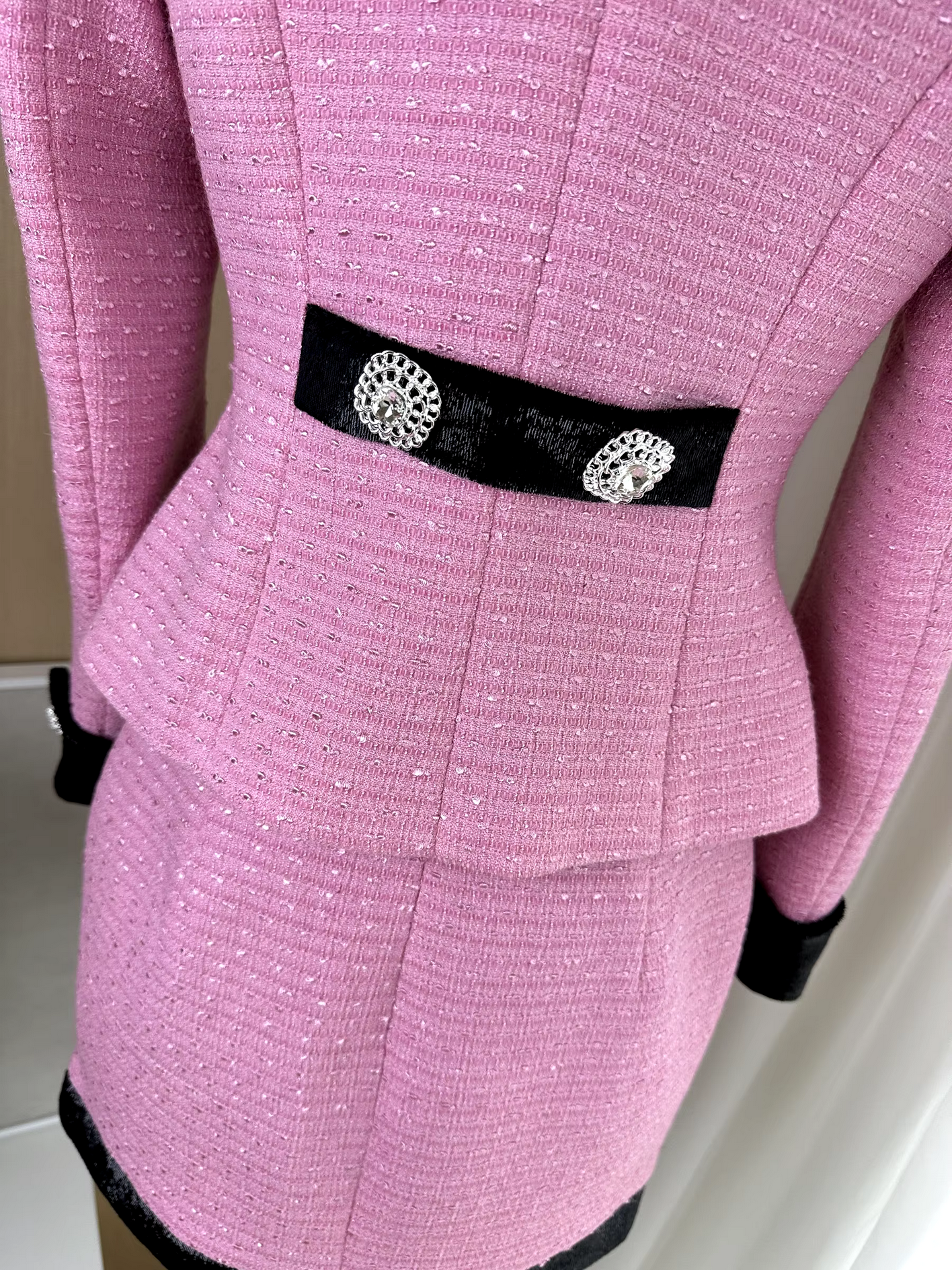 Autumn Winter  Pink Velvet Stitching Woven Diamond Button Tweed Coat+Skirt