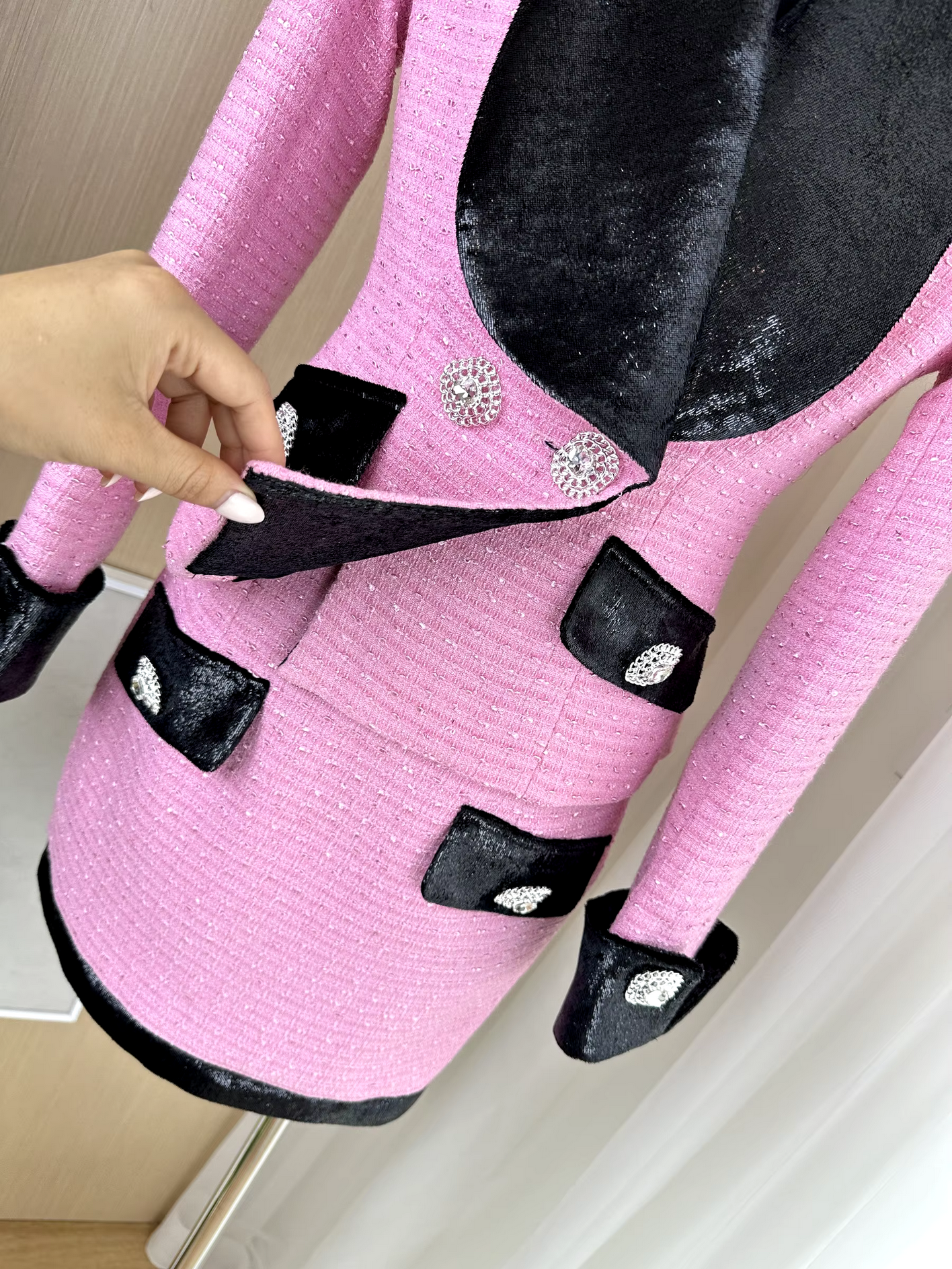 Autumn Winter  Pink Velvet Stitching Woven Diamond Button Tweed Coat+Skirt