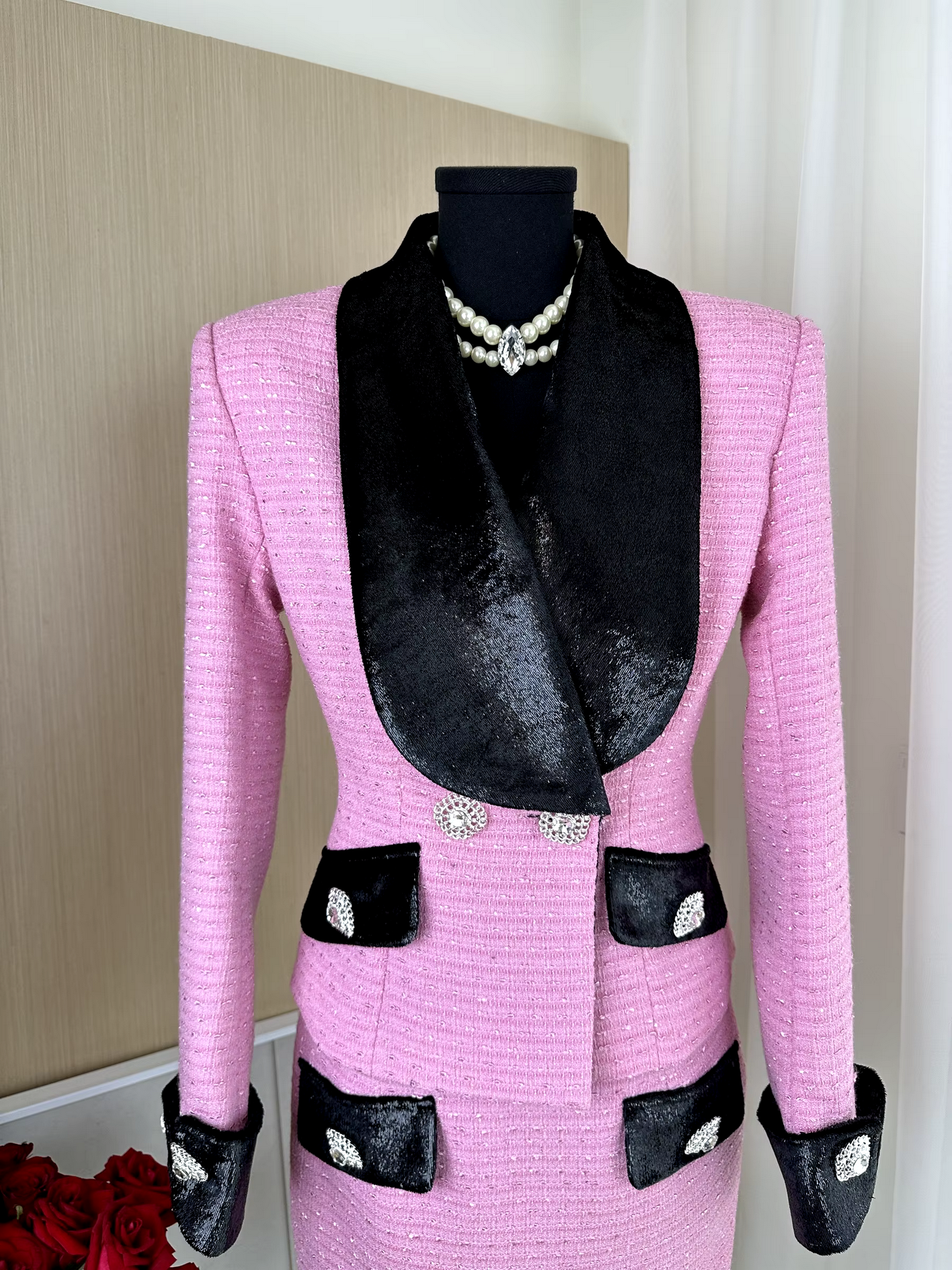 Autumn Winter  Pink Velvet Stitching Woven Diamond Button Tweed Coat+Skirt