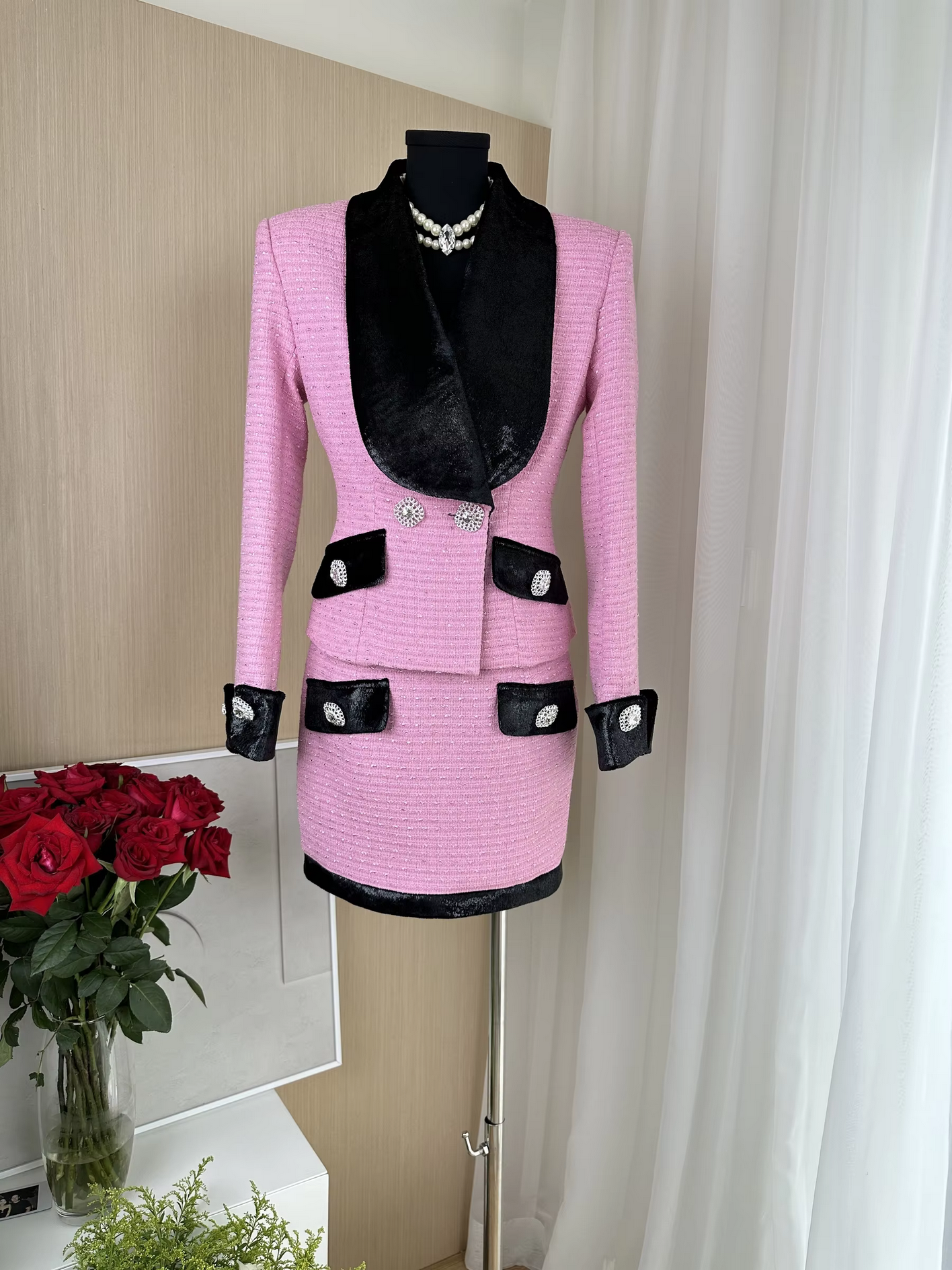 Autumn Winter  Pink Velvet Stitching Woven Diamond Button Tweed Coat+Skirt