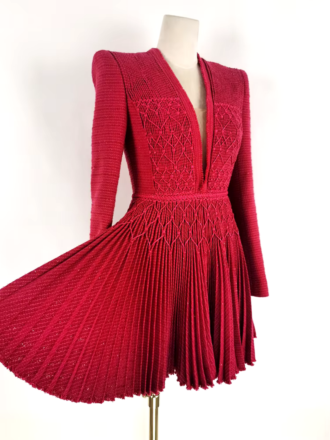 2024 Fashion  Deep V-neck Long Sleeve High Waist Pleated Braid Broad Shoulder Dresses