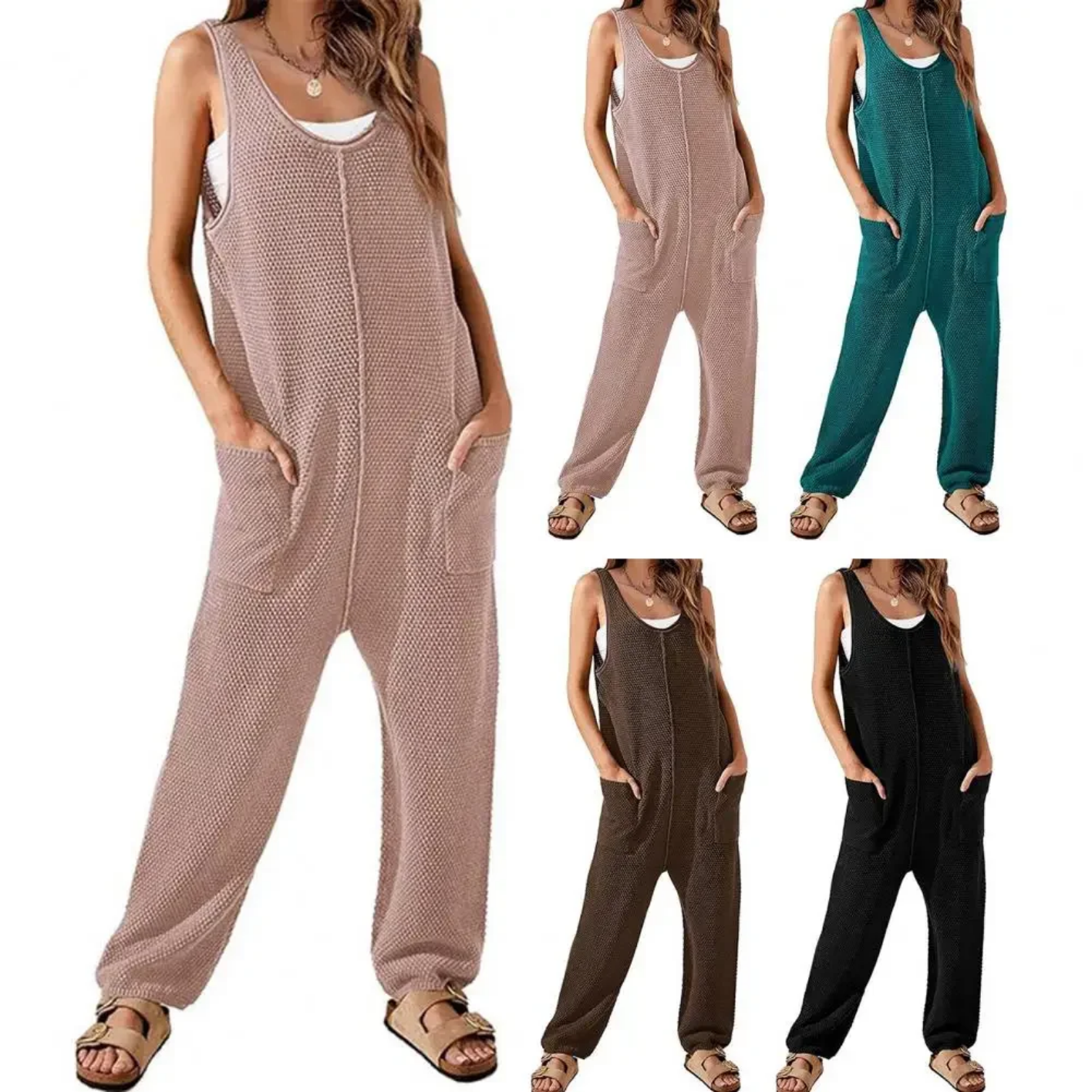 Sleeveless Loose Double Pockets Solid Color V Neck Soft Casual Ankle Length Jumpsuit