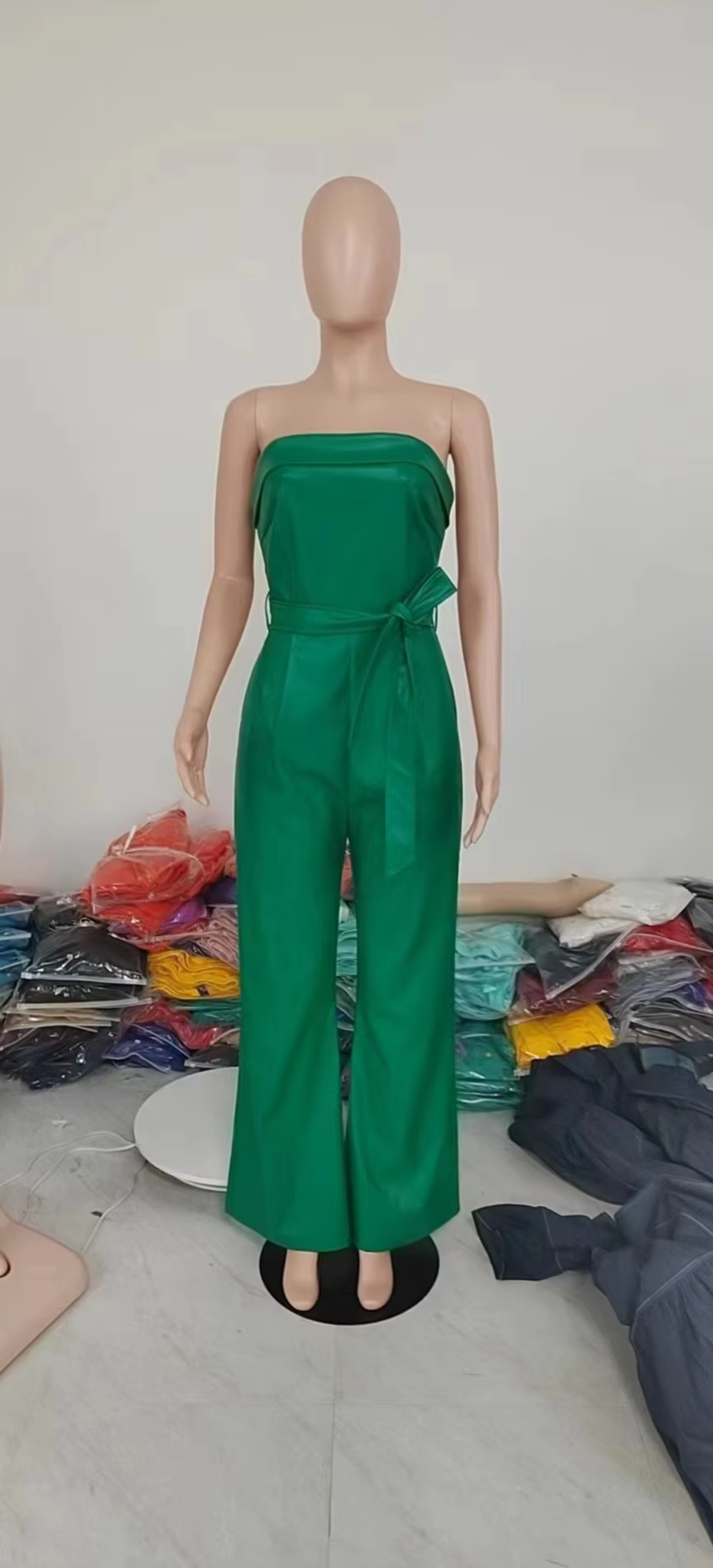 Sexy Solid Color Sleeveless Wide Leg Artificial Leather Jumpsuit