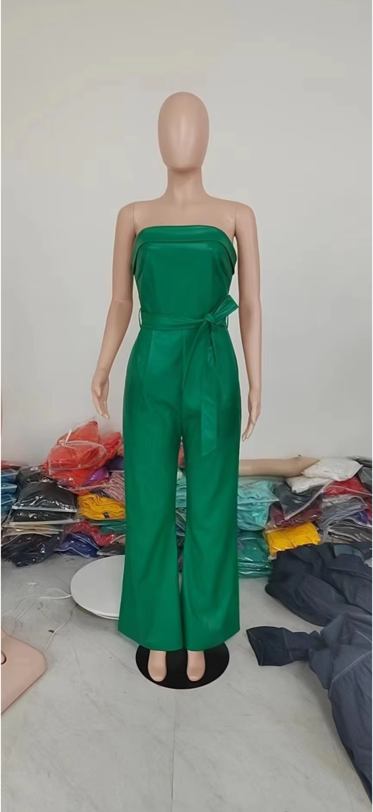 Sexy Solid Color Sleeveless Wide Leg Artificial Leather Jumpsuit