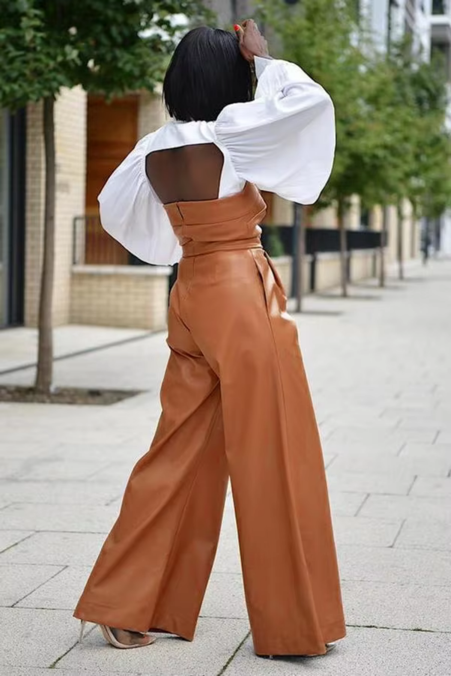 Sexy Solid Color Sleeveless Wide Leg Artificial Leather Jumpsuit