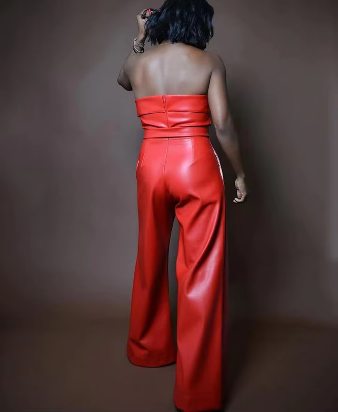 Sexy Solid Color Sleeveless Wide Leg Artificial Leather Jumpsuit