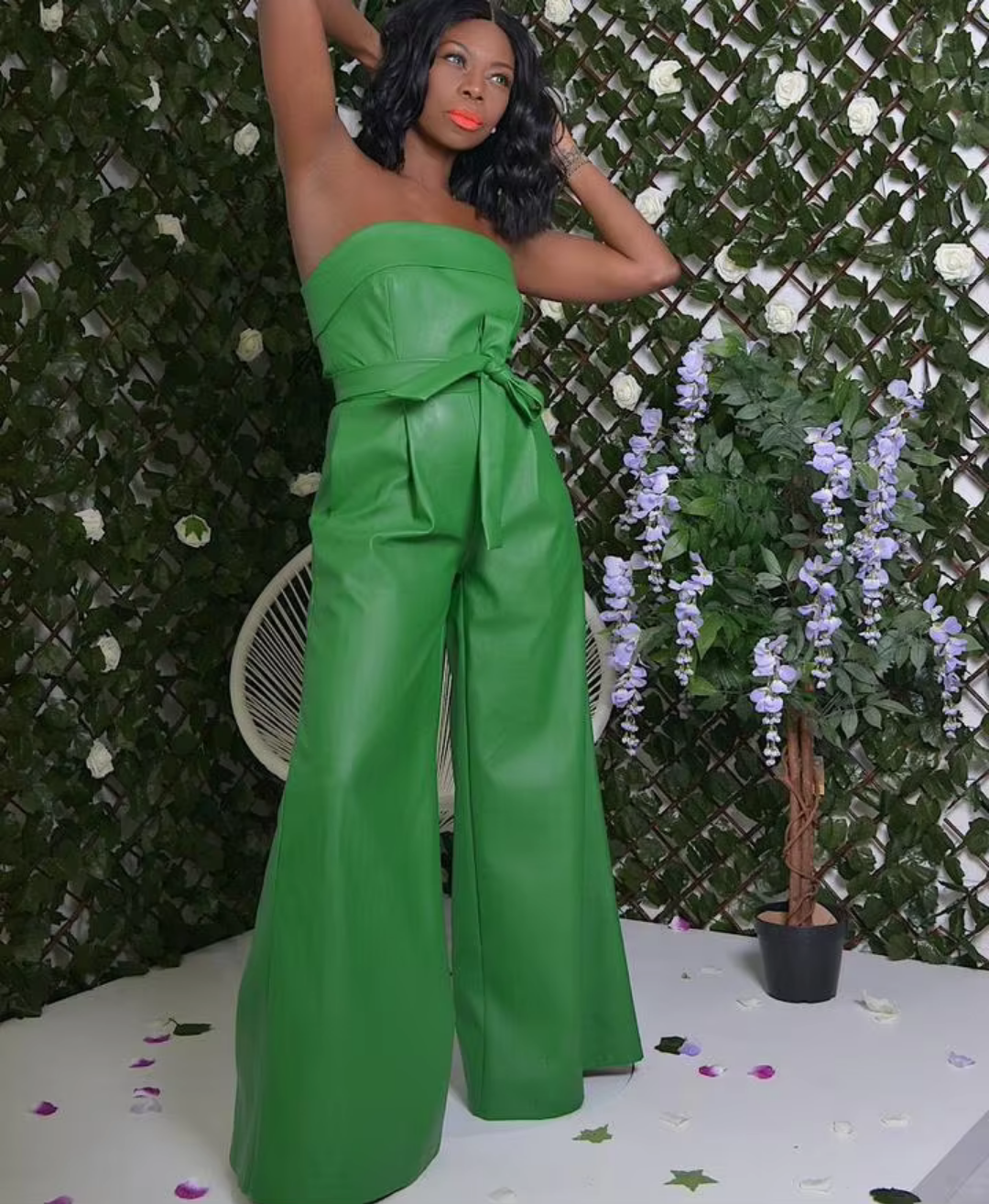 Sexy Solid Color Sleeveless Wide Leg Artificial Leather Jumpsuit