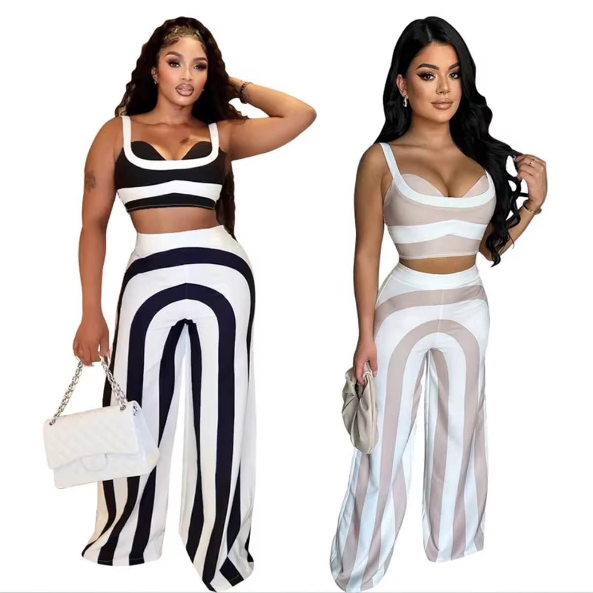 Striped Print  Crop Top and Wide Leg Pants 2 Piece Set