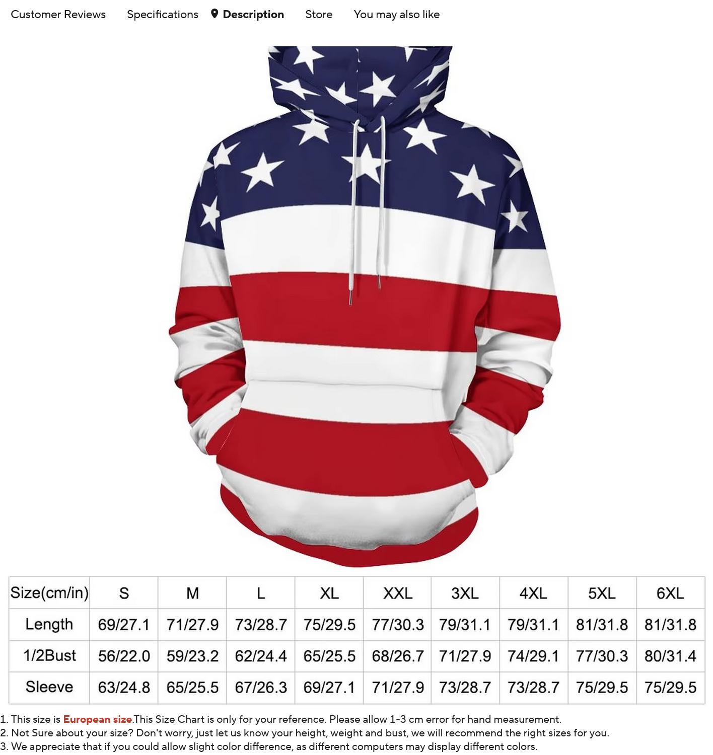 American Flag Hoodies White Stars Print Classic