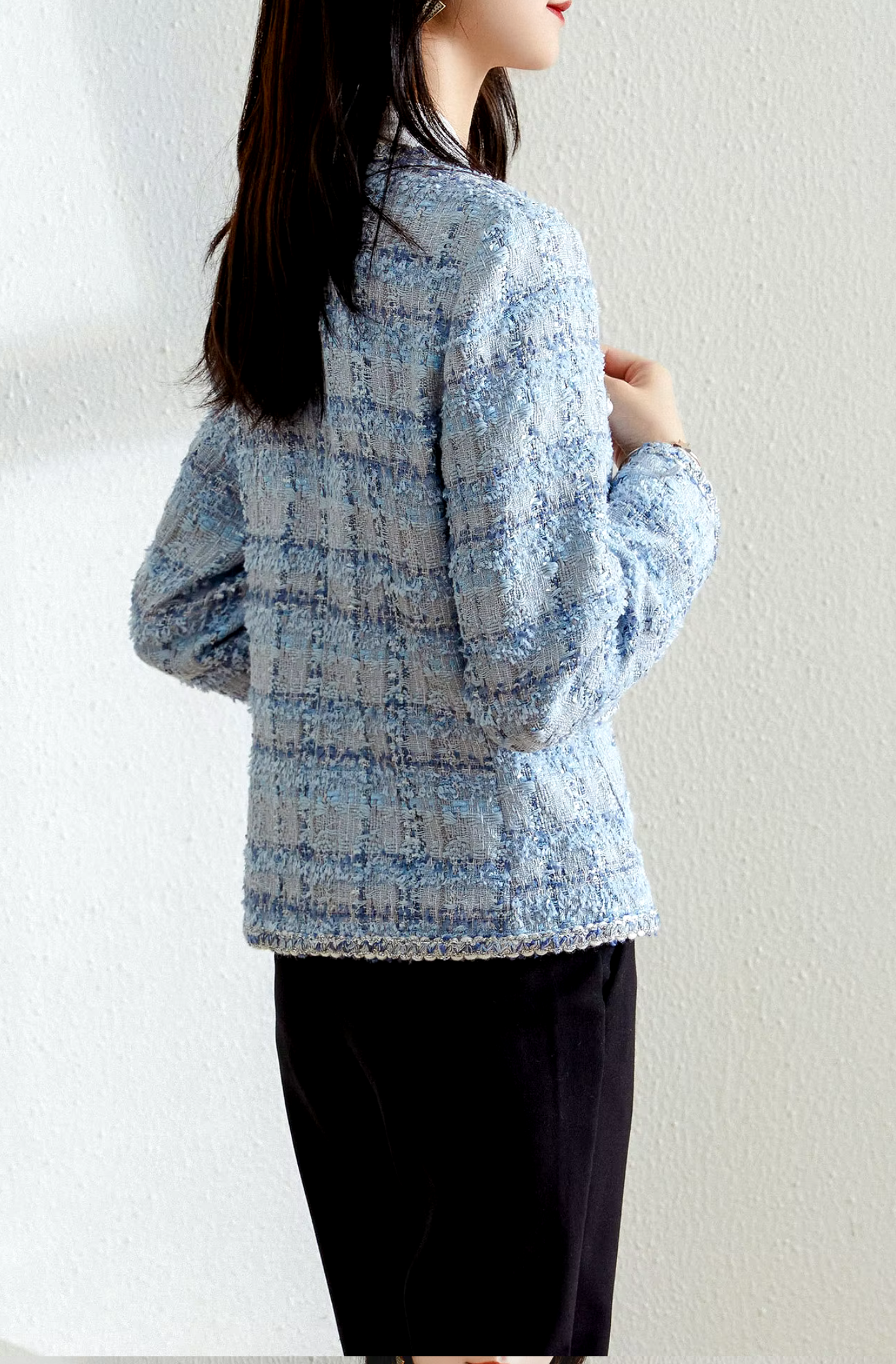 Spring Autumn Long Sleeve  Plaid Blue Fashion Tweed Jackets