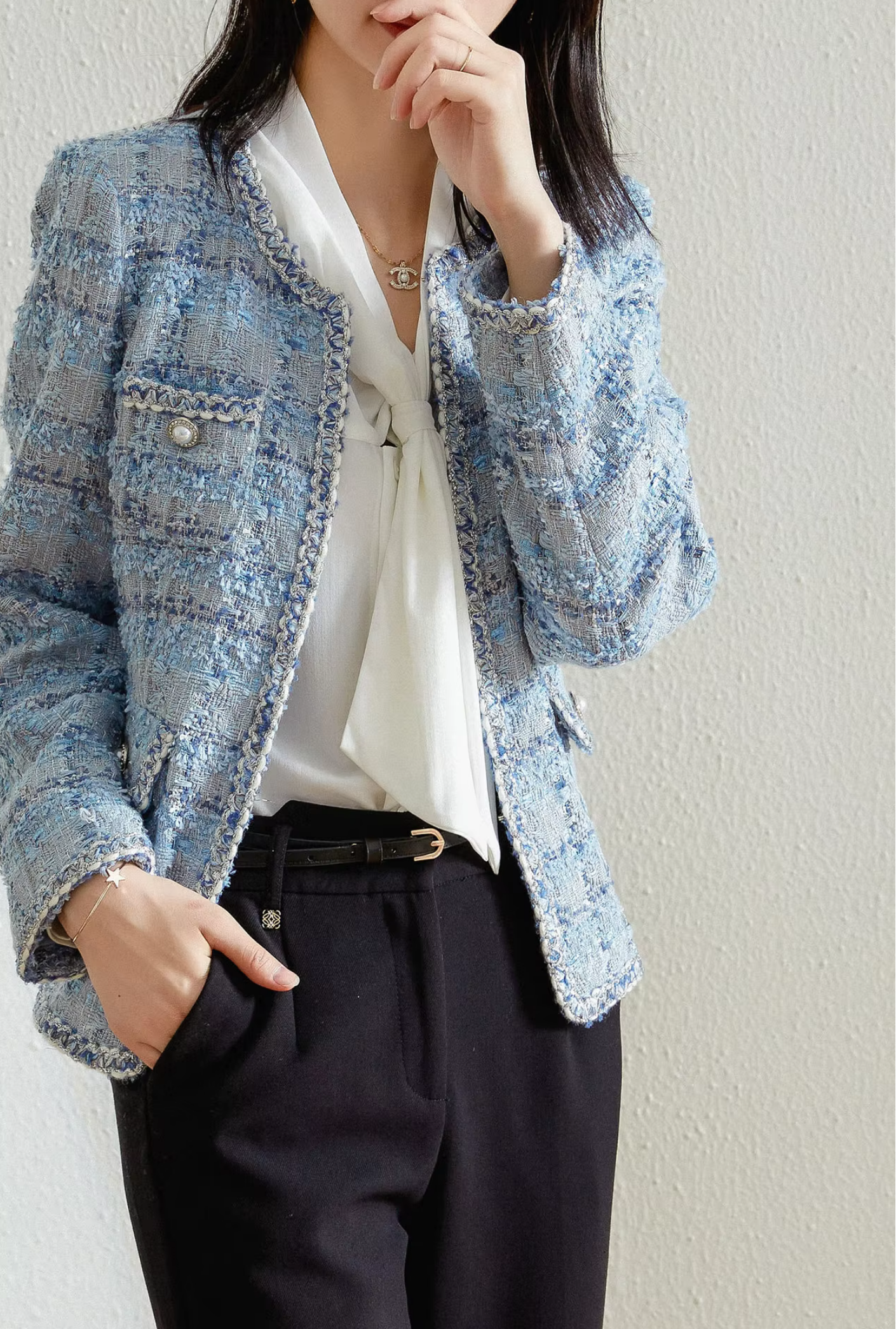 Spring Autumn Long Sleeve  Plaid Blue Fashion Tweed Jackets