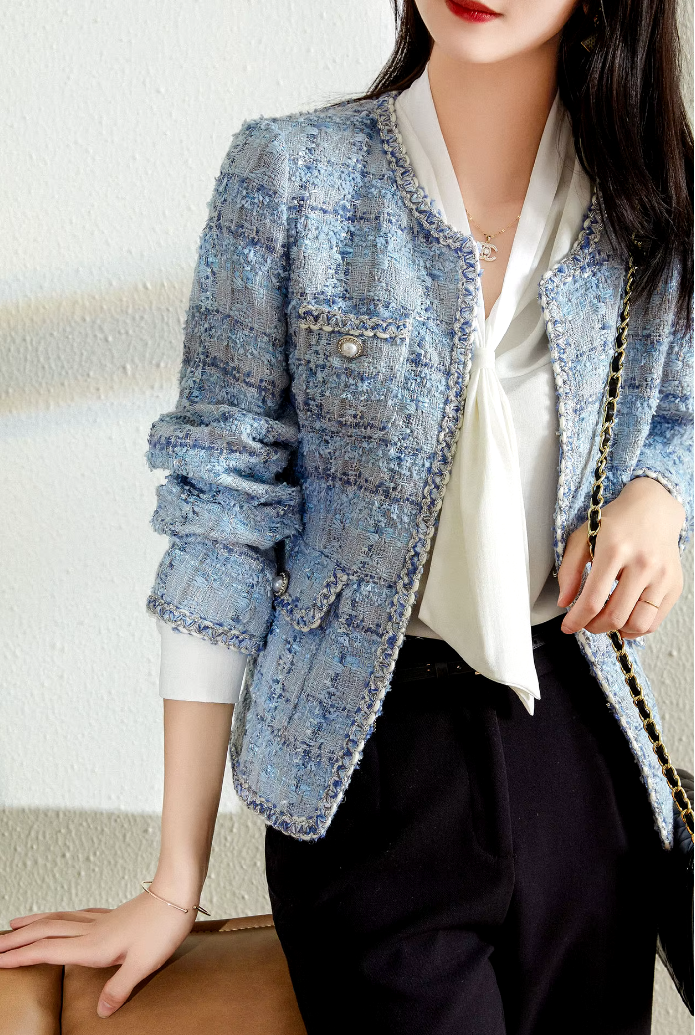 Spring Autumn Long Sleeve  Plaid Blue Fashion Tweed Jackets