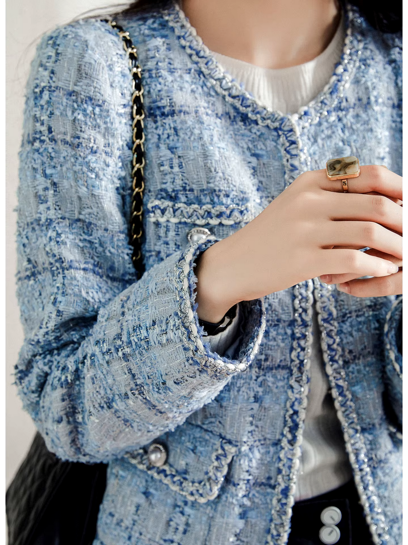 Spring Autumn Long Sleeve  Plaid Blue Fashion Tweed Jackets