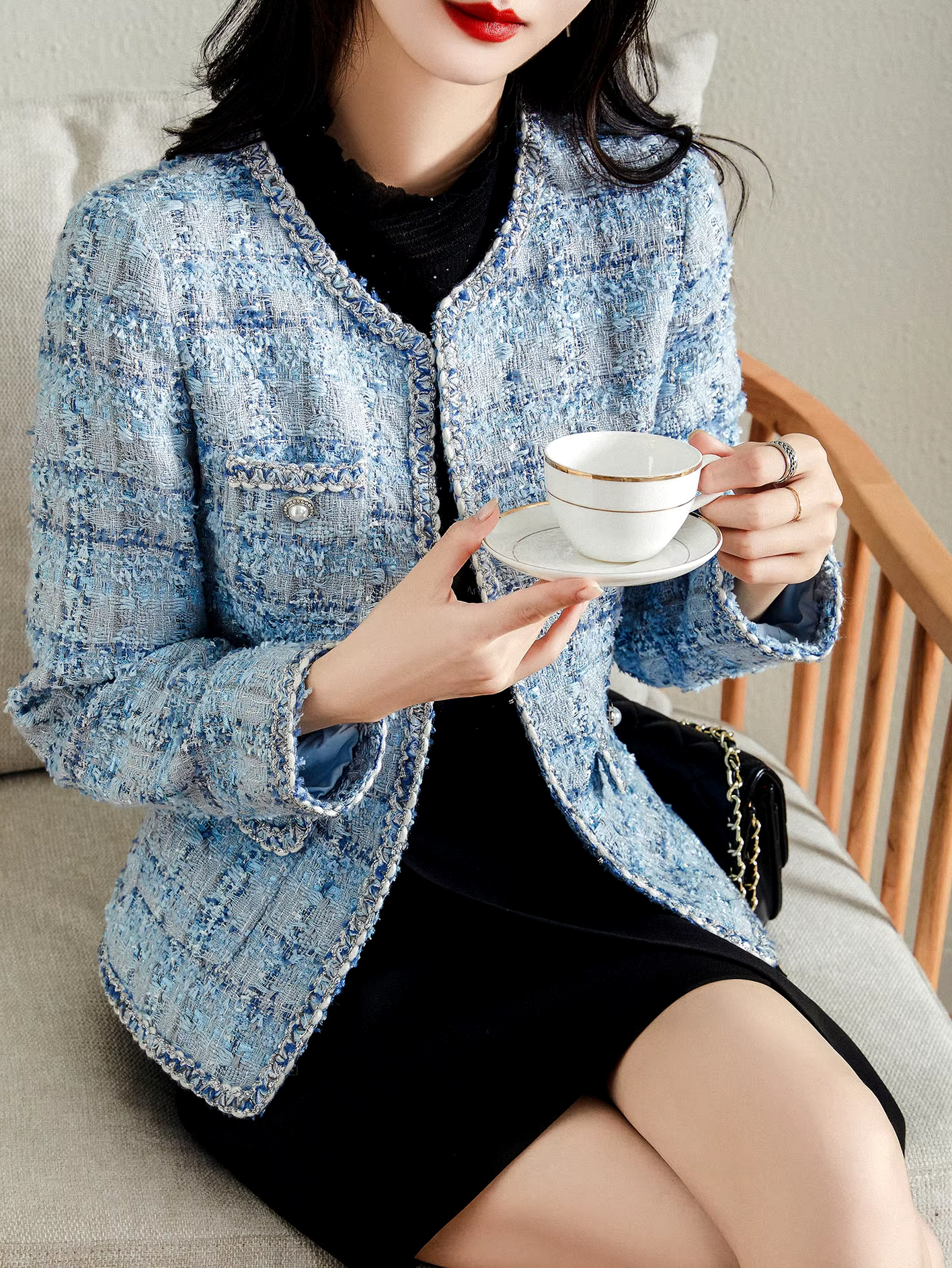 Spring Autumn Long Sleeve  Plaid Blue Fashion Tweed Jackets