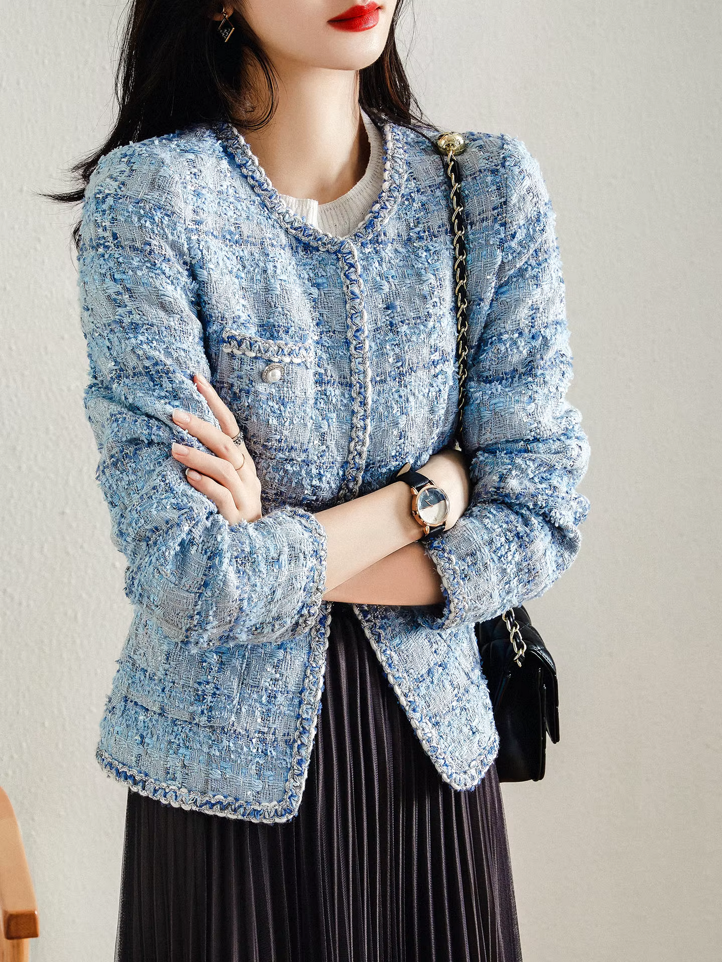 Spring Autumn Long Sleeve  Plaid Blue Fashion Tweed Jackets