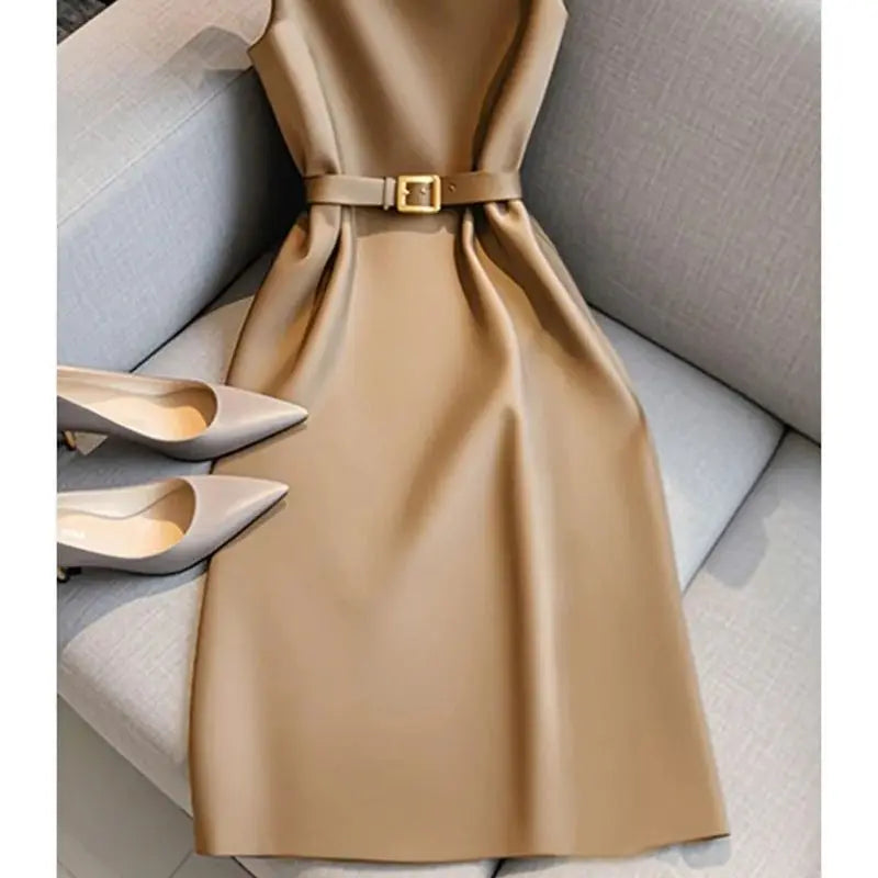 Summer New Fashion Solid Color O-Neck Sleeveless High Waist Dress With Belt