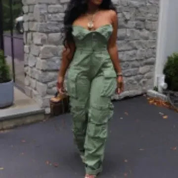 Sexy Fashion Multiple Pockets Strapless Sleeveless Jumpsuit