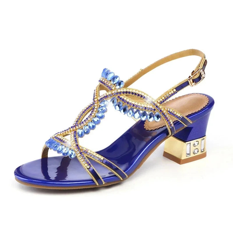 Fashion Open Toe Shining Rhinestone Buckle Thick High Heel Sandals