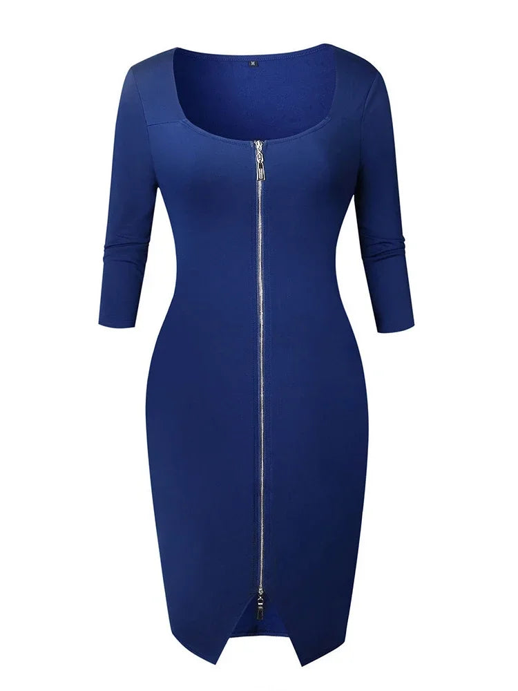 Sexy Long Zipper Girdling Waist Slim Bodycon Dress