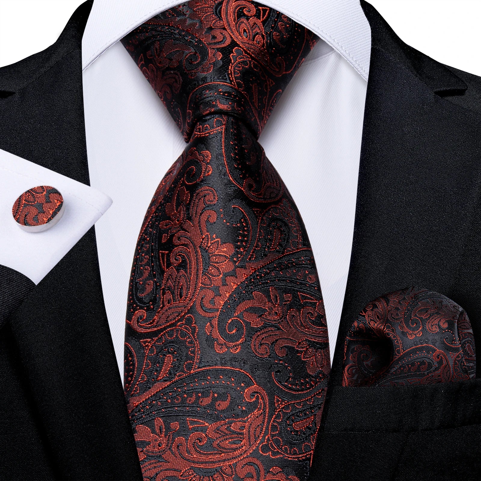 Red  Solid Striped Paisley Neckties Hanky Cufflinks Set For Men