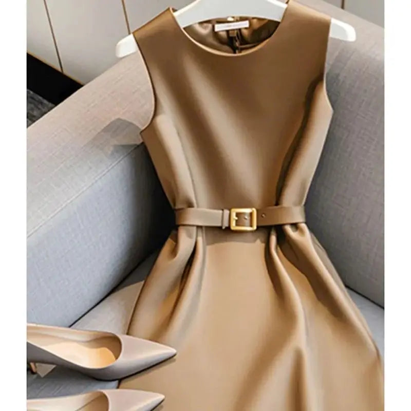 Summer New Fashion Solid Color O-Neck Sleeveless High Waist Dress With Belt