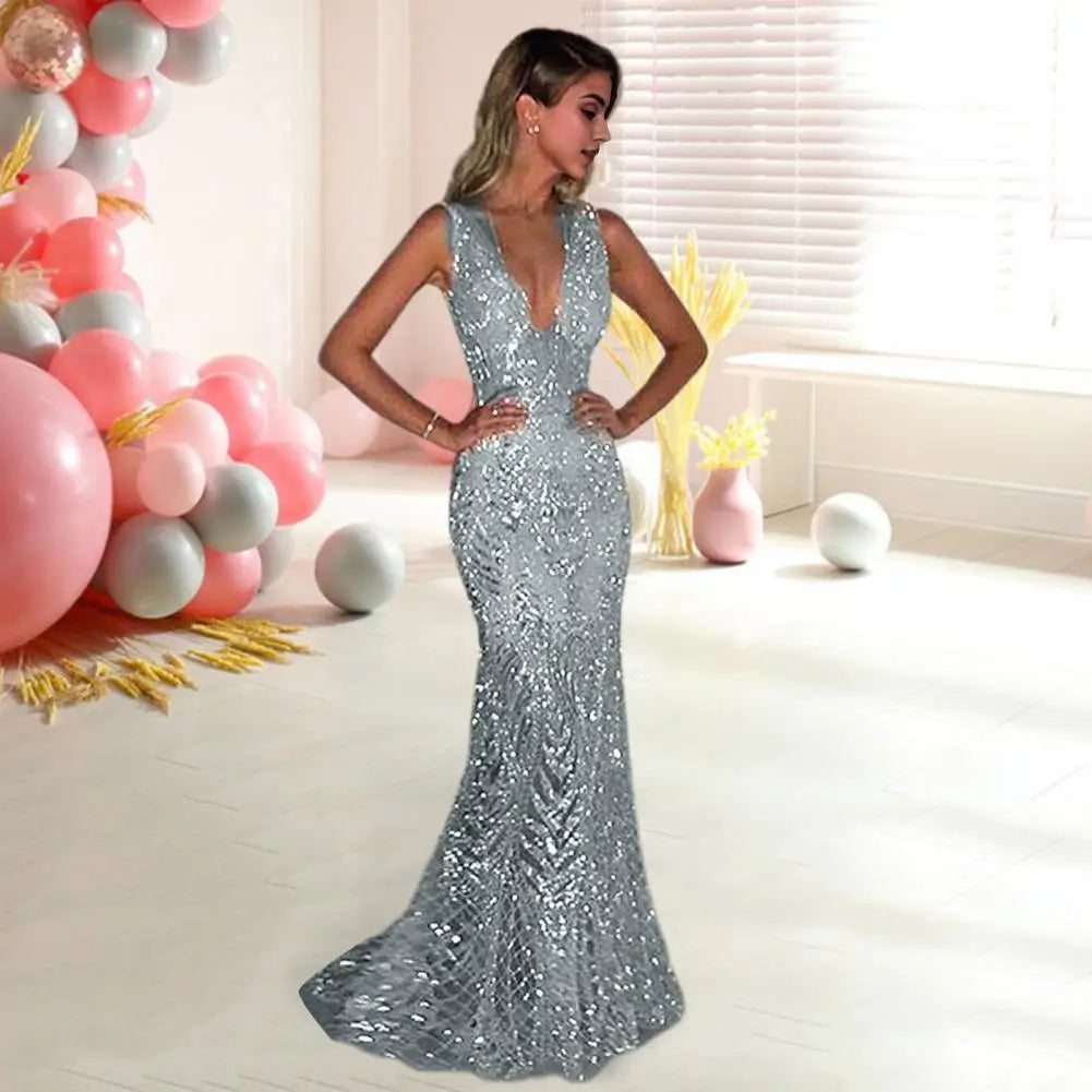 V-neck Long Elegant Sequin Fishtail Evening Gown