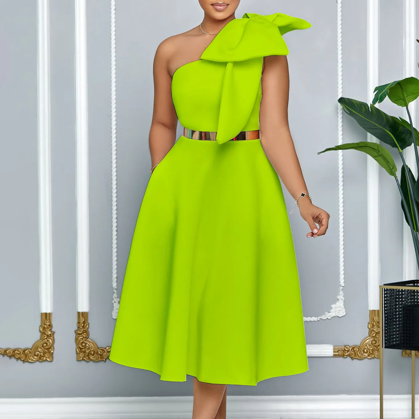 One Shoulder Bow A Line Pleated Dresses