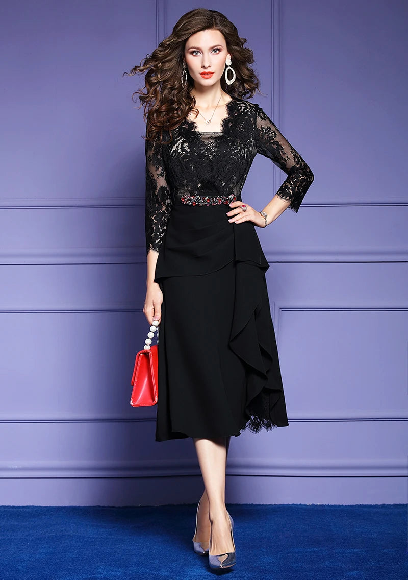 Spring & Autumn Elegant Vintage Lace Dress