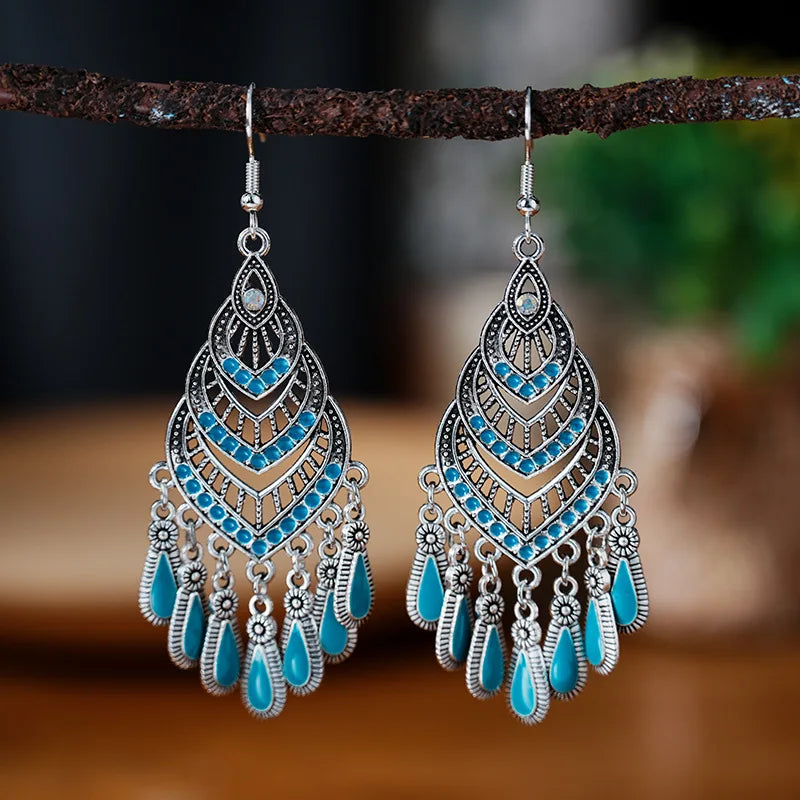 Bohemian Ethnic Long Blue Acrylic Crystal Water Drop Earrings