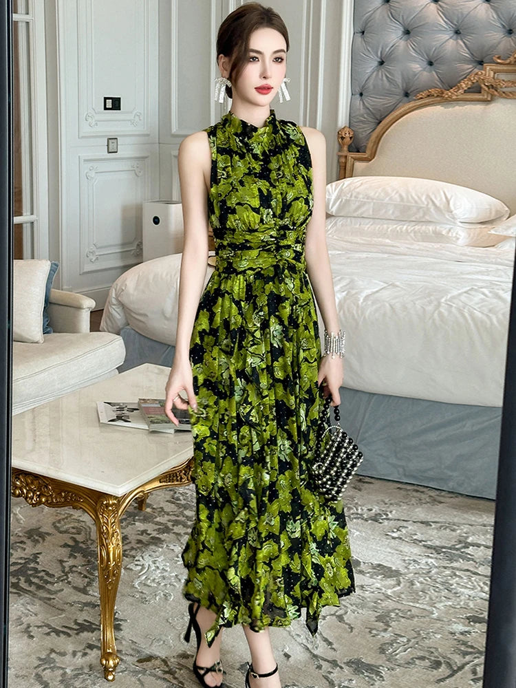 Beach Resort Style Green Flowers Print Chiffon Lace Up Bandage Waist Dress