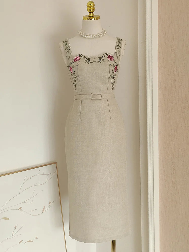 French Niche Design Elegant Flower Embroidery Sling Dresses