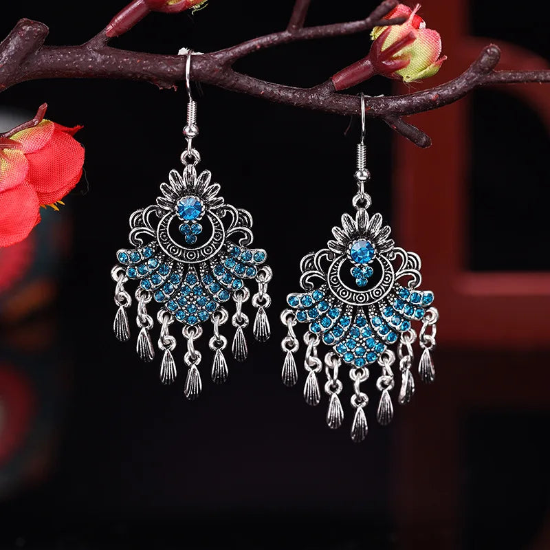 Bohemian Ethnic Long Blue Acrylic Crystal Water Drop Earrings