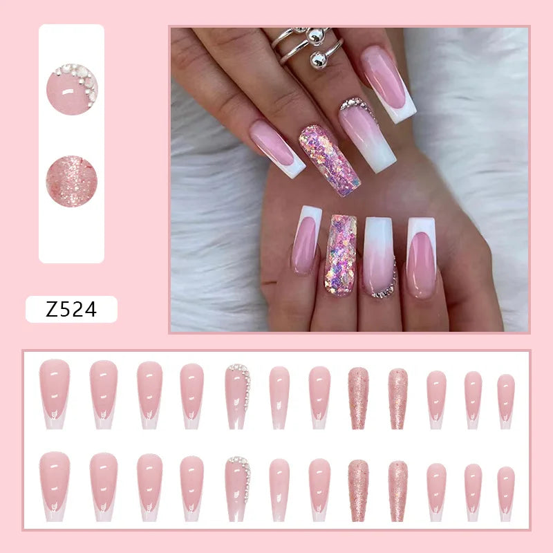 24pcs Artifical Nails Fake Wearable Nail Tips With Small Diamonds