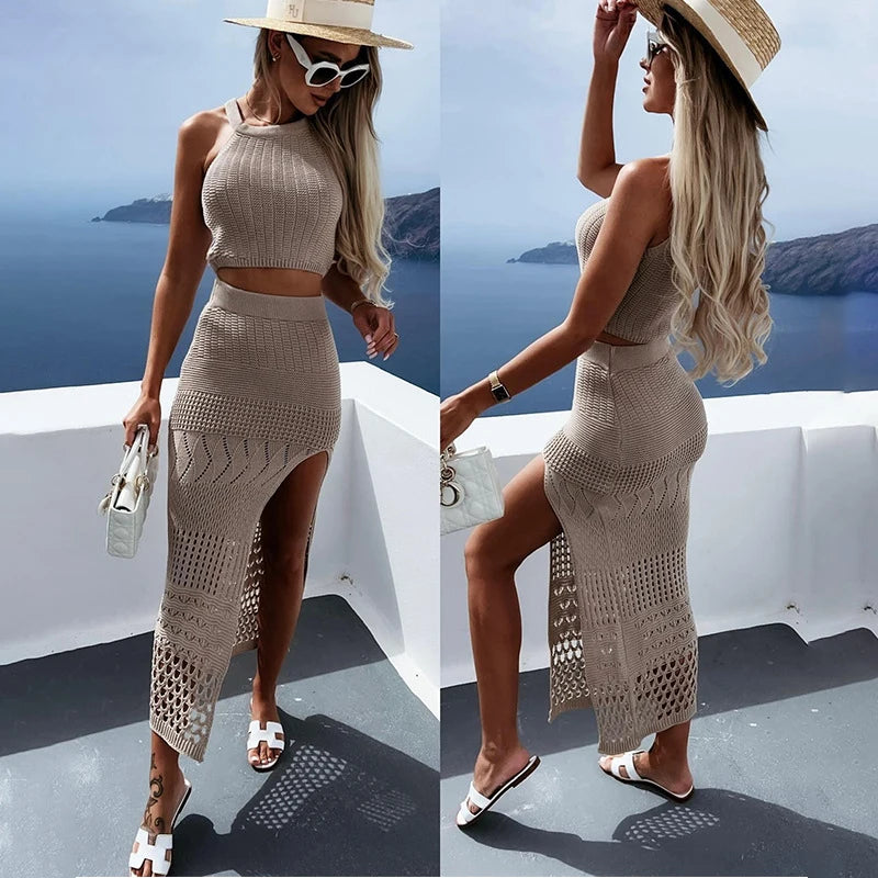 Beachwear Split Skirt Two Piece Solid Spandex Beach CoverUp