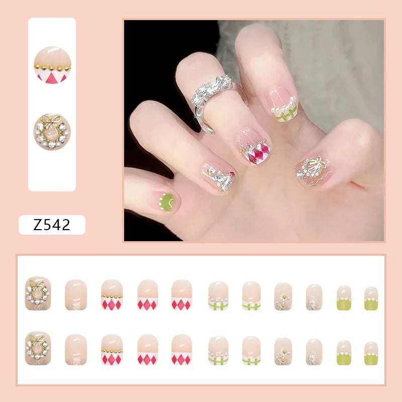 24pcs Artifical Nails Fake Wearable Nail Tips With Small Diamonds