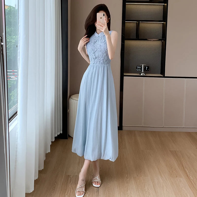 Elegant Chinese Style New Summer Blue Lace Patchwork Midi Dress