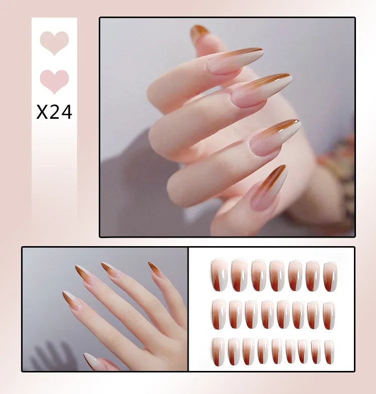 24Pcs French With Drill Short Fake Nails Press On Nail Tips