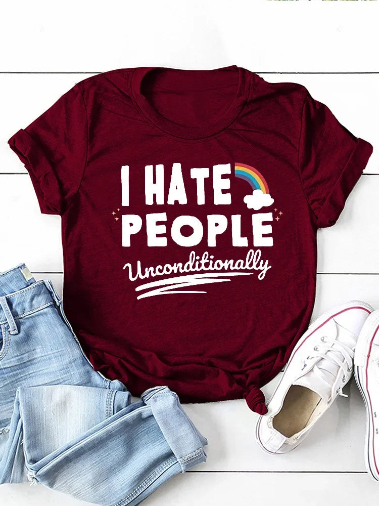 I Hate People Rainbow Print Women  Short Sleeve O Neck T Shirt