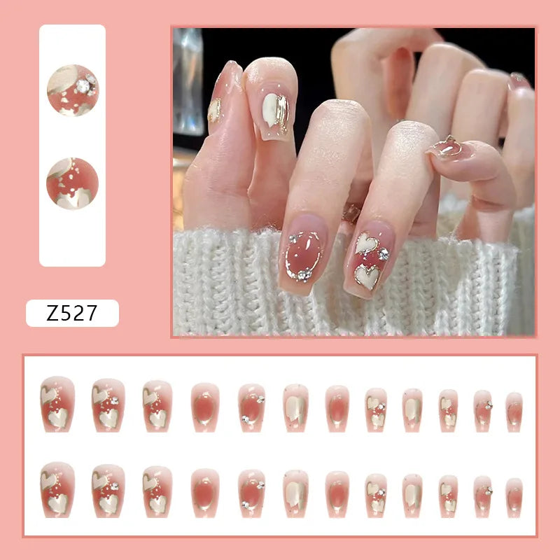 24pcs Artifical Nails Fake Wearable Nail Tips With Small Diamonds