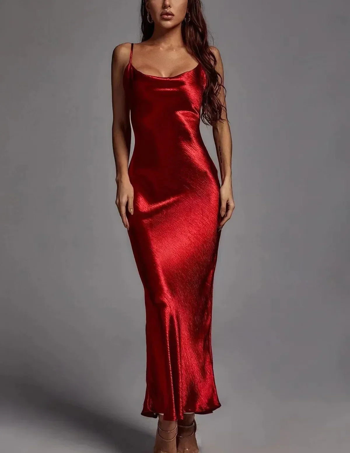 Elegant Satin BacklessSummer Spaghetti Strap Sleeveless Night Club Party Long Dress