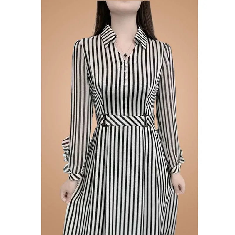 Fashion V-Neck Printed Button Loose Belt Korean Striped Midi Dress