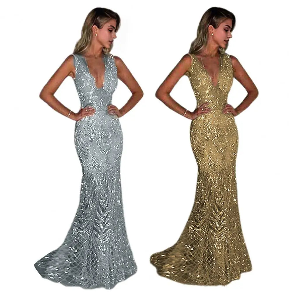 V-neck Long Elegant Sequin Fishtail Evening Gown