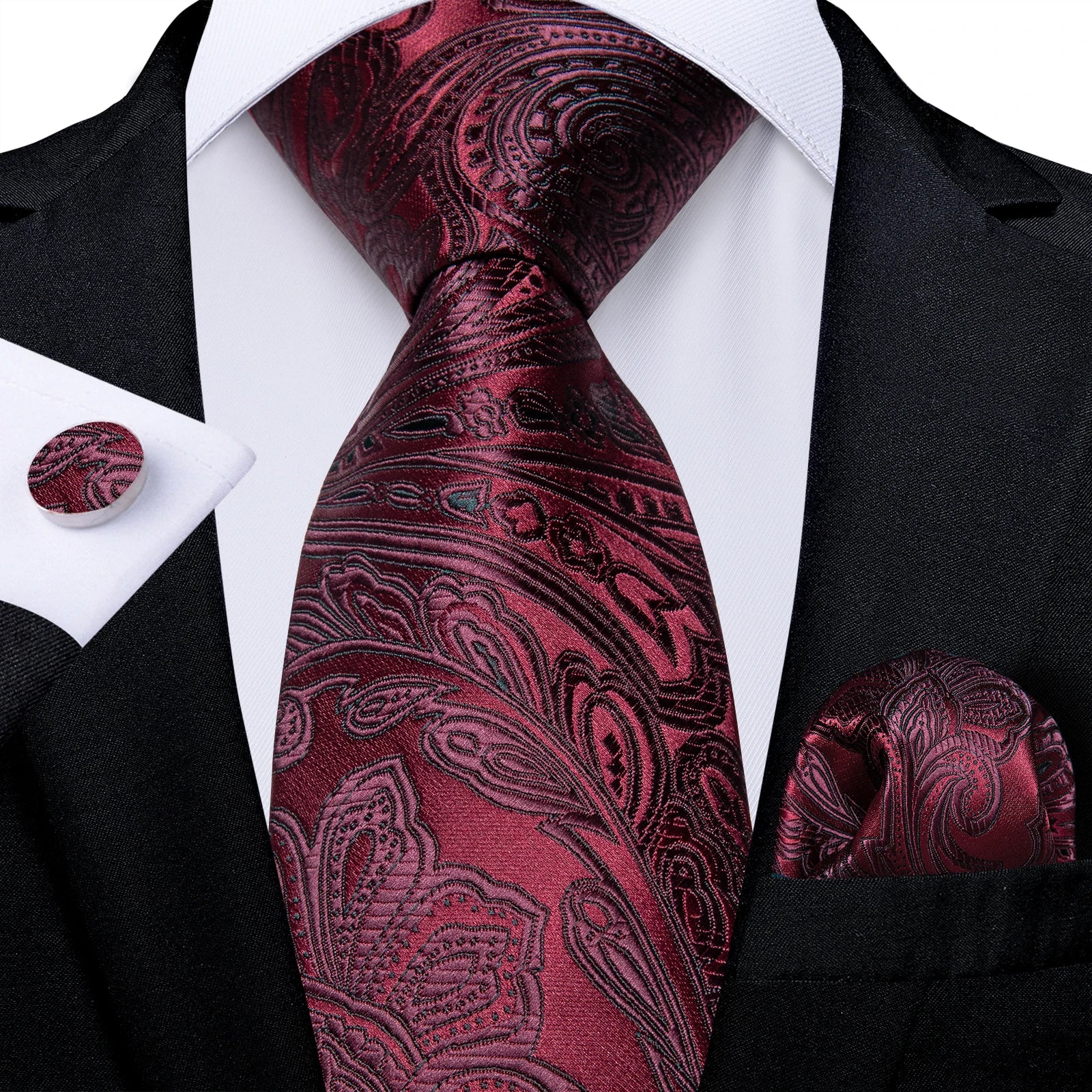 Red  Solid Striped Paisley Neckties Hanky Cufflinks Set For Men