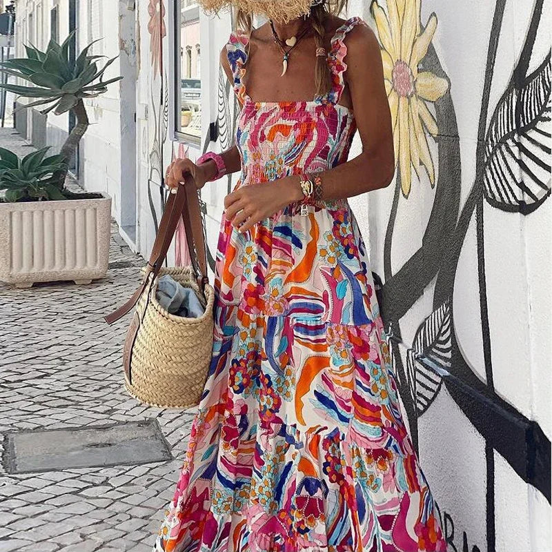 2024 Boho Print Casual Cool Loose Sleeveless Beach Long Dress